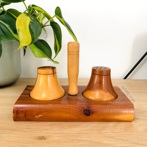 Handmade Vintage Wooden Salt Pepper Shakers with Stand - Picture 3 of 5